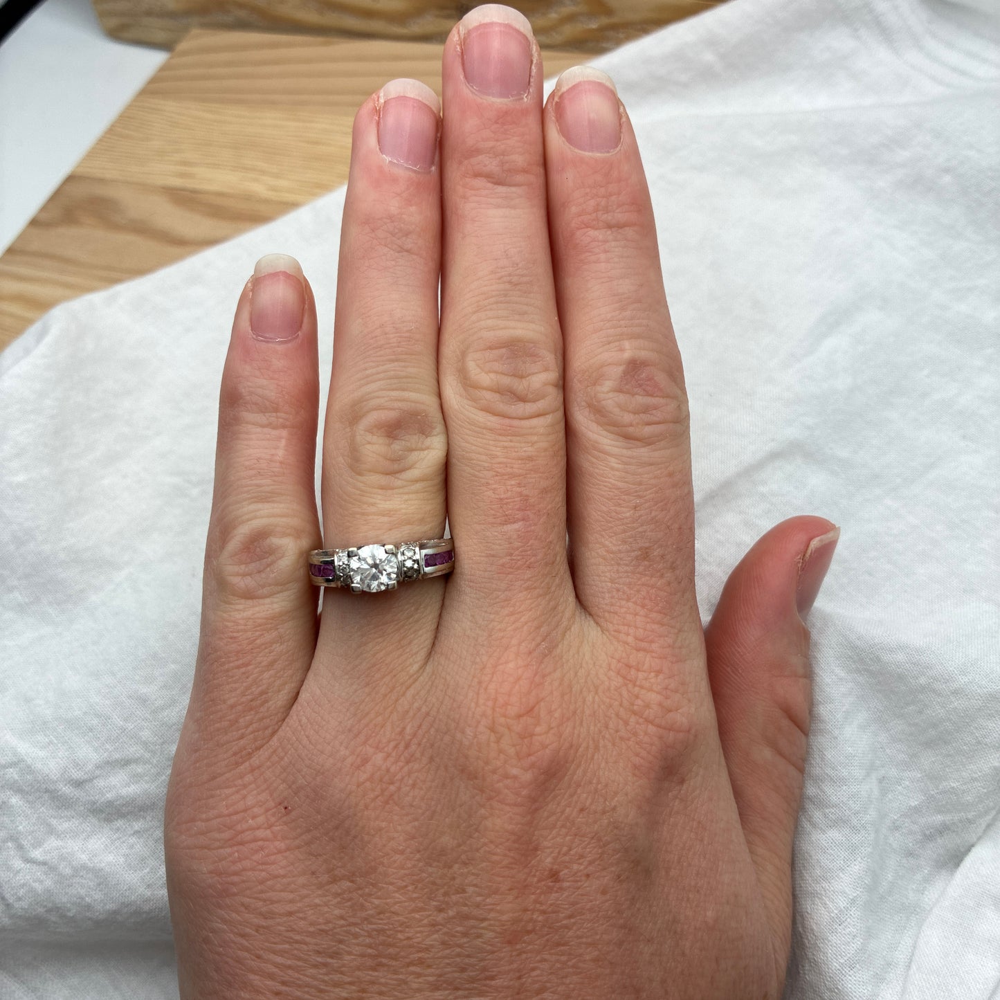 Preowned Solid 18k White Gold Diamond Engagement Wedding Ring with Rubies