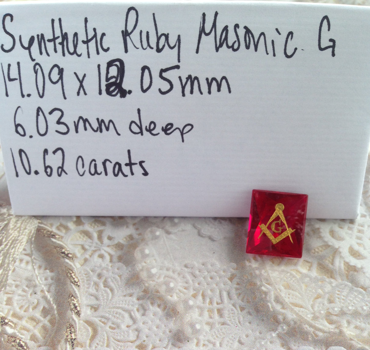 14x12mm 10.6 carats Rectangle Synthetic Ruby Masonic G Mason Faceted Carved Gold Coated Compas & Square