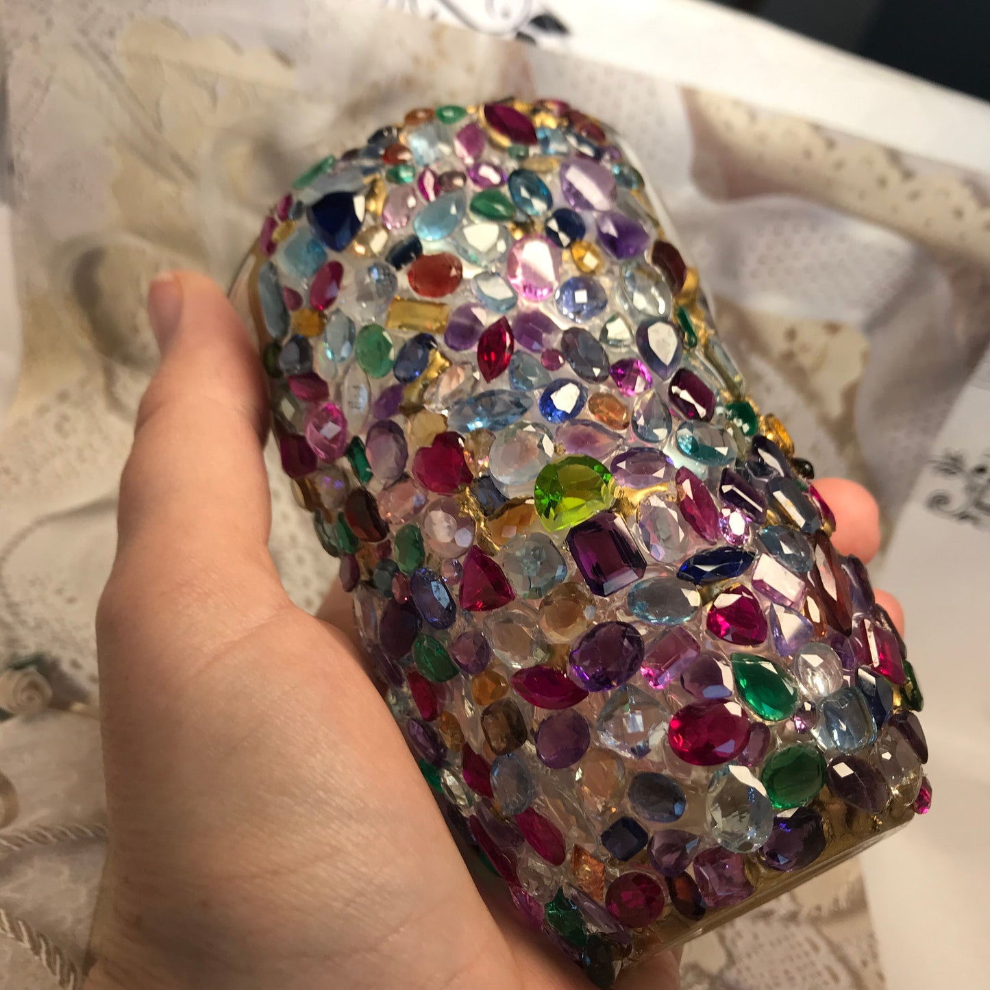 Jewel Encrusted Cup Gemstone Art Center Piece Vase Gems from Scrap Gold Jewelry Decorative Piece Modern Art Carats Multi Gemstone Lot Design