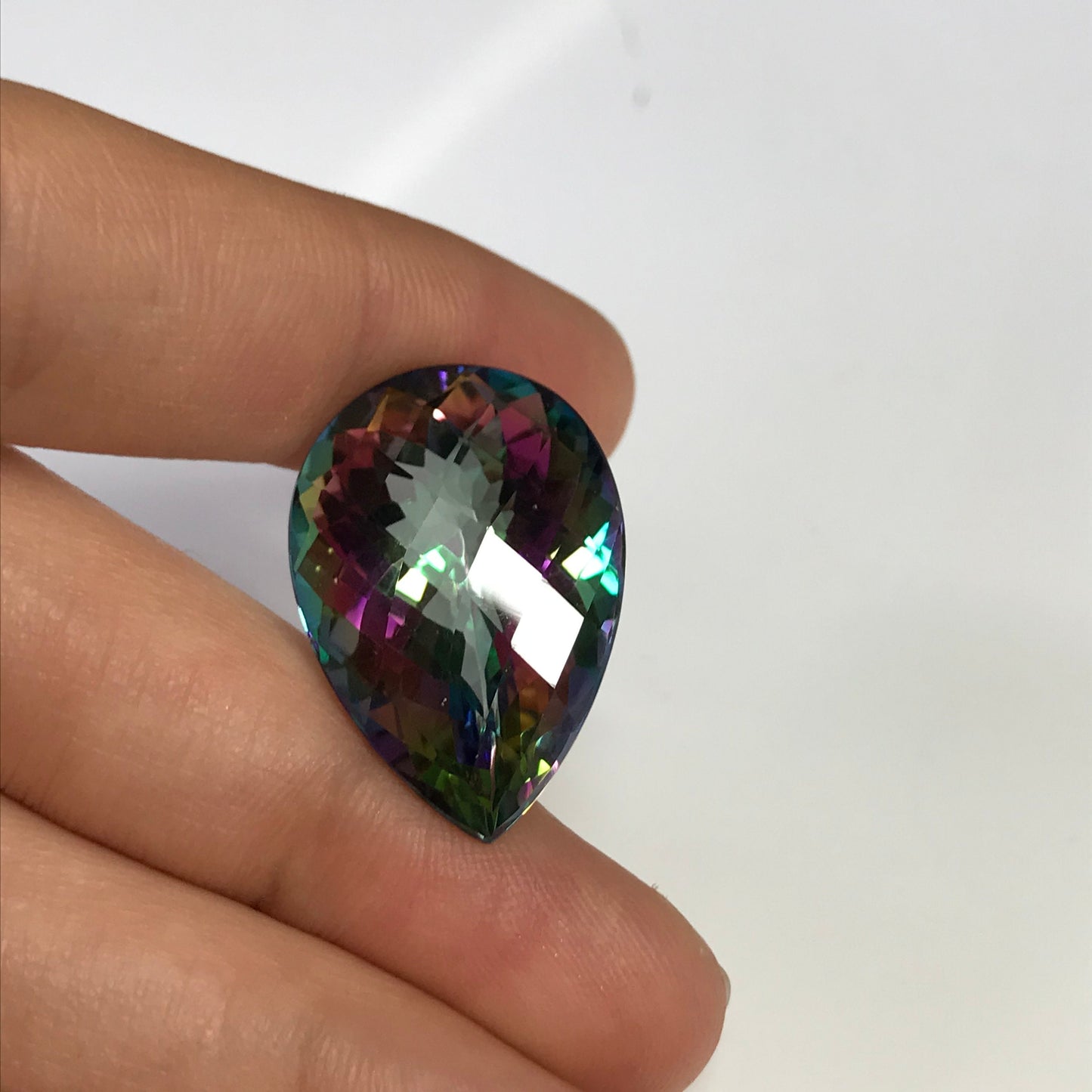 Large Mystic Topaz 40 carat 26x18mm Checkerboard Pear Cut, Faceted Loose Coated Gemstone
