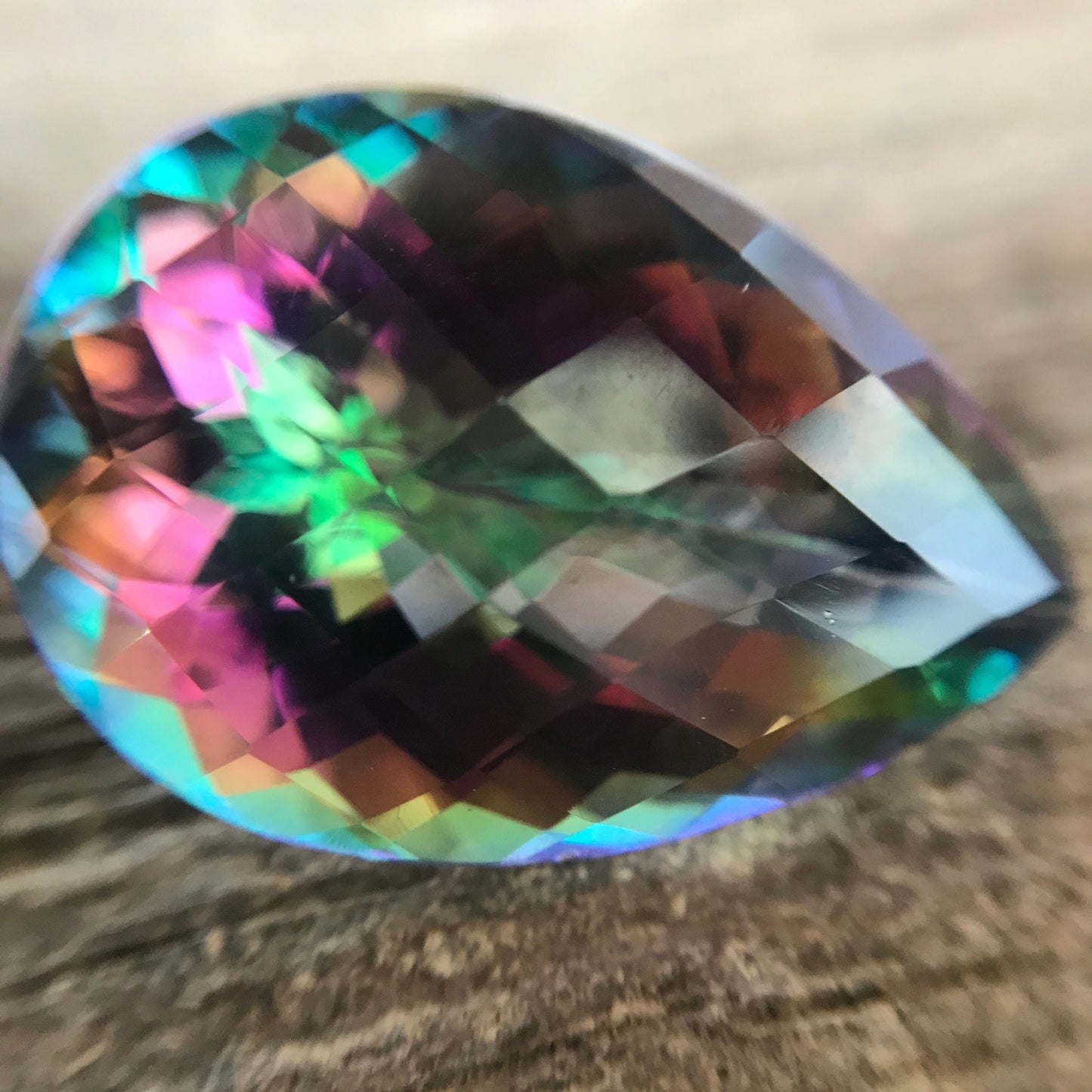 Large Mystic Topaz 40 carat 26x18mm Checkerboard Pear Cut, Faceted Loose Coated Gemstone