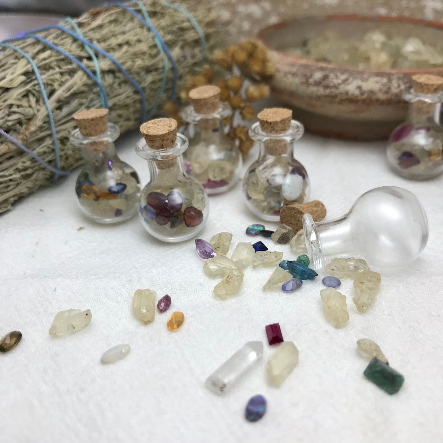 Gemstones in a Bottle, Raw Sunstone Loose Faceted Chipped Gems, Tiny Precious & Semiprecious Gems, Amethyst, Ruby, Emerald, Surprise Gems