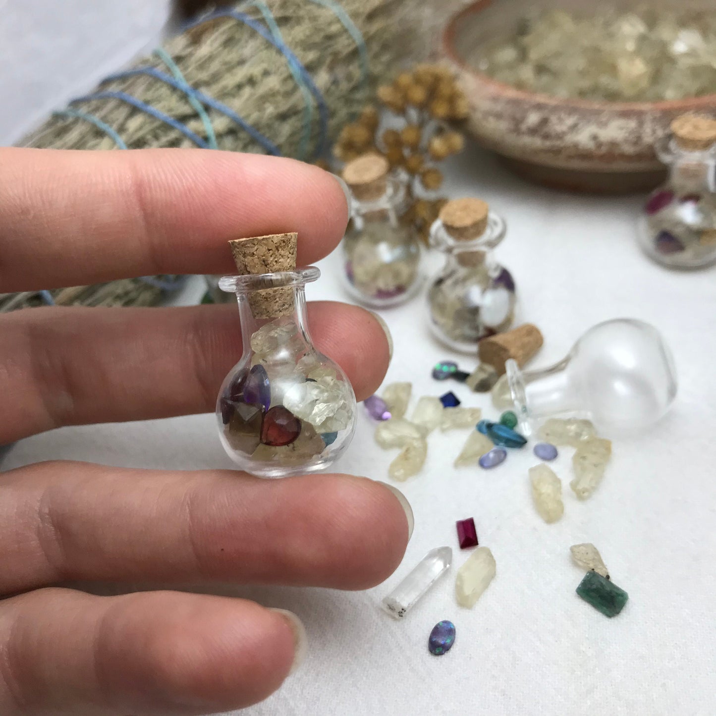 Gemstones in a Bottle, Raw Sunstone Loose Faceted Chipped Gems, Tiny Precious & Semiprecious Gems, Amethyst, Ruby, Emerald, Surprise Gems