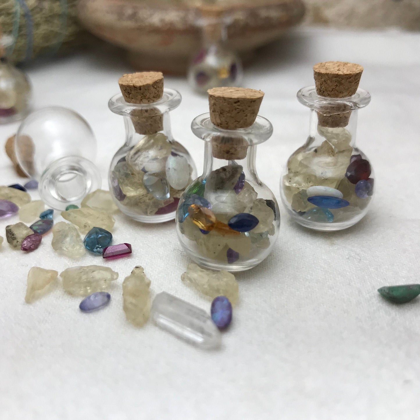 Gemstones in a Bottle, Raw Sunstone Loose Faceted Chipped Gems, Tiny Precious & Semiprecious Gems, Amethyst, Ruby, Emerald, Surprise Gems