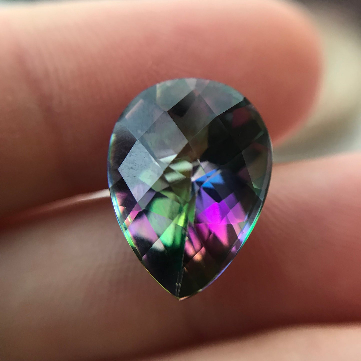 Mystic Topaz 8.38 carat 16x12mm Checkerboard Pear Cut, Faceted Loose Unmounted Multi Color
