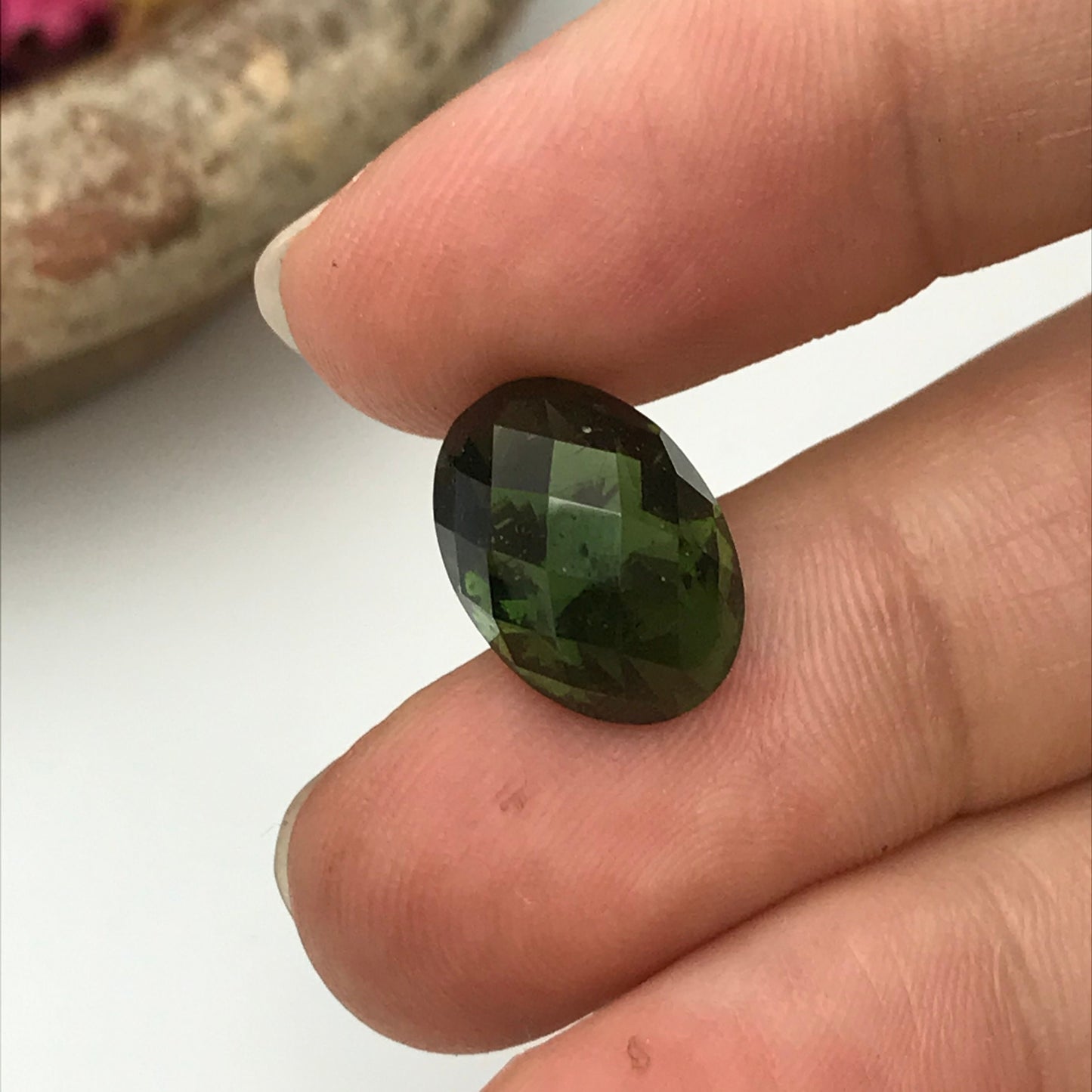 14x10mm Moldavite Loose Gemstone 6.52 Carats  Fancy Oval Checkerboard Cut Faceted Gemstone, Tektite