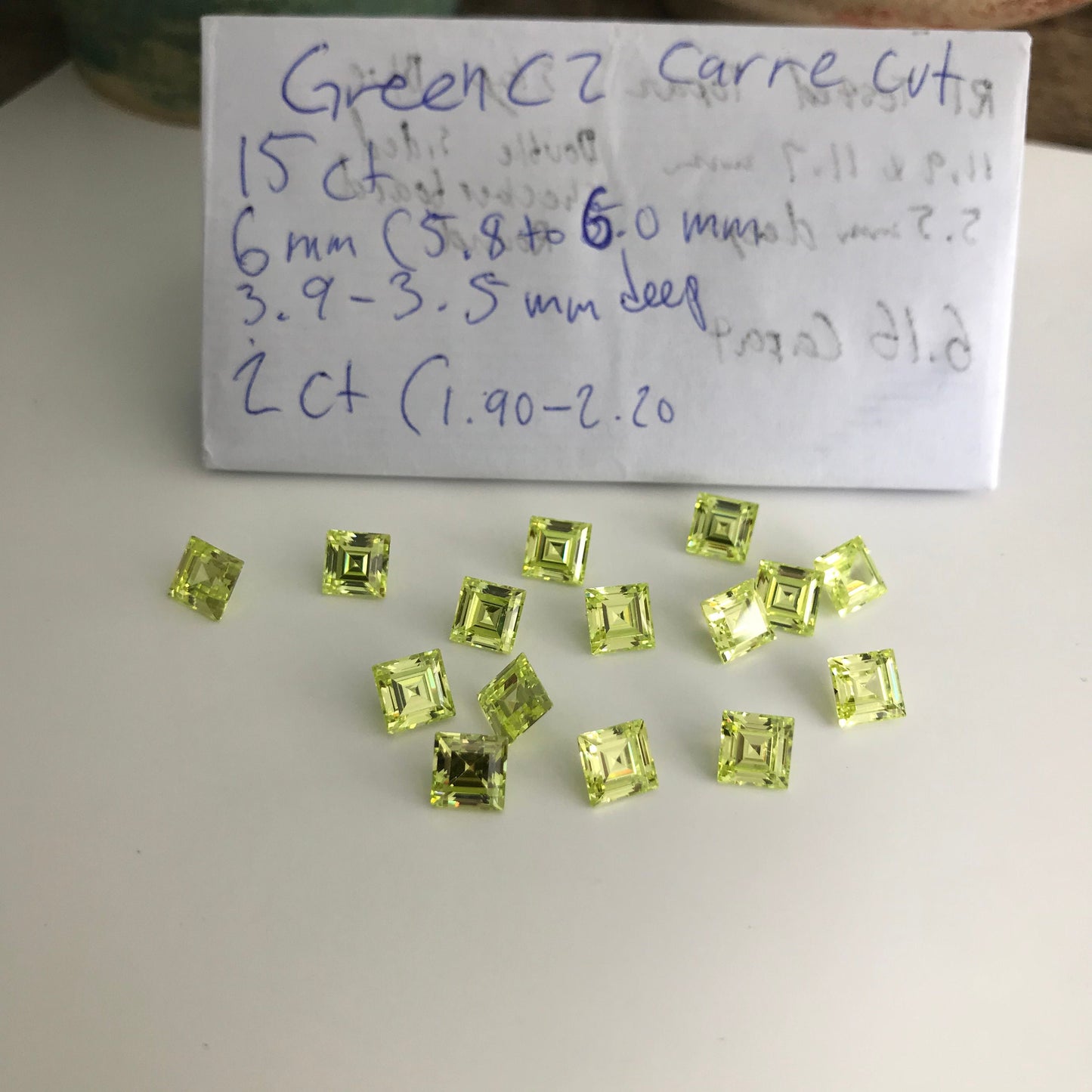 One- Loose Yellow Green Cubic Zirconia, 6mm Square CZ, 2 carat Chartreuse Carre cu , Diamond Simulant, Recycled CZ, Double Sided Rose Cut