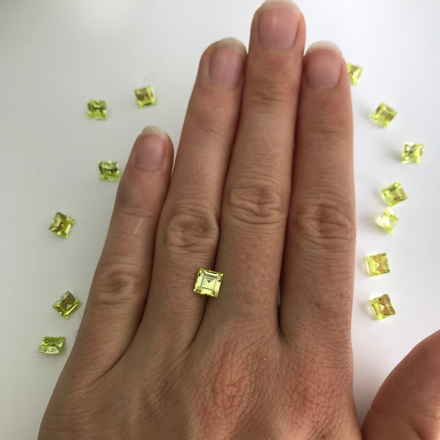 One- Loose Yellow Green Cubic Zirconia, 6mm Square CZ, 2 carat Chartreuse Carre cu , Diamond Simulant, Recycled CZ, Double Sided Rose Cut