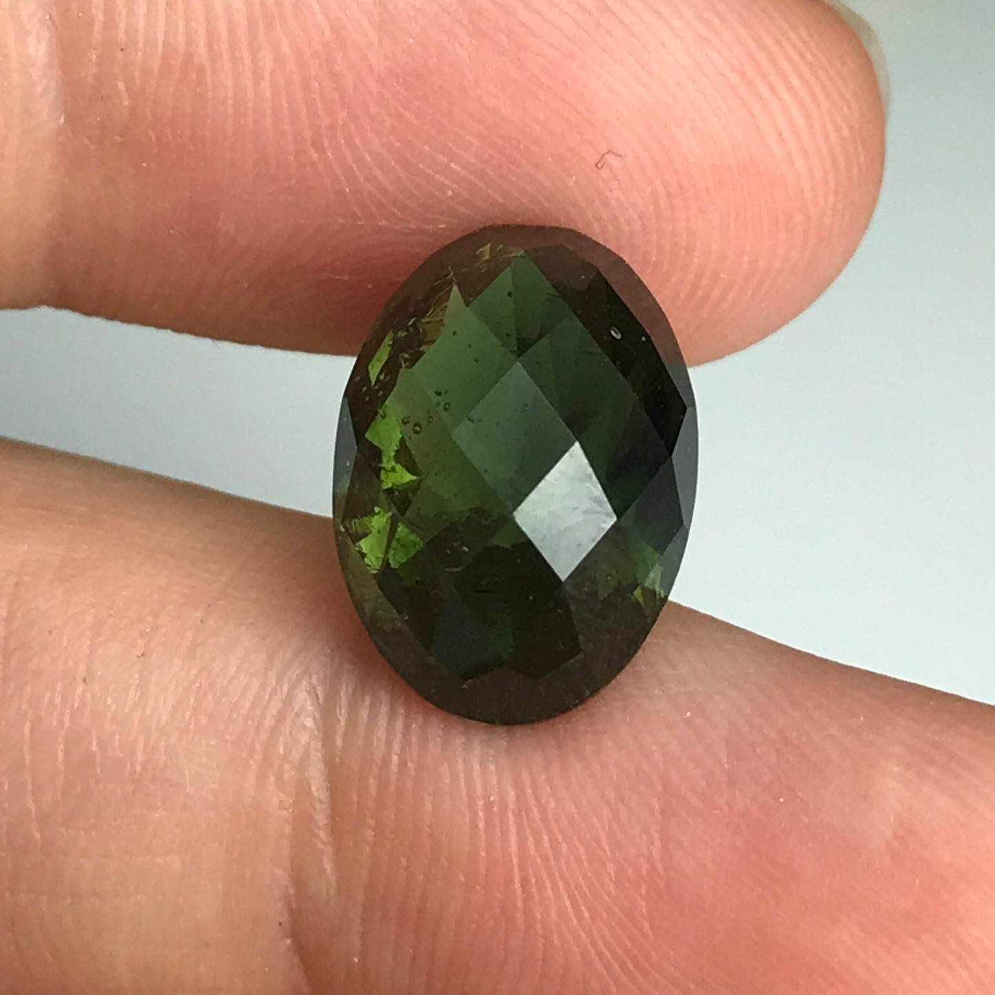 14x10mm Moldavite Loose Gemstone 6.52 Carats  Fancy Oval Checkerboard Cut Faceted Gemstone, Tektite