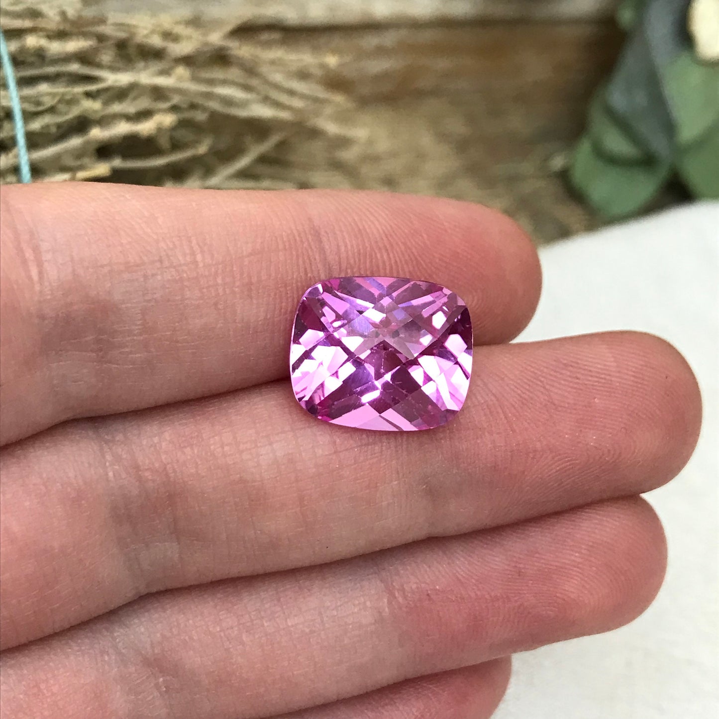 14x12mm Pink Lab Created Sapphire 12.76 cts Rectangle Cushion Checker Cut, Loose Faceted Gemstone, Synthetic, Man Made Corundum,