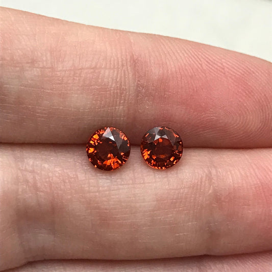 Pair of 5.6mm Natural Mandarin Spessartite Garnet 1 carat Round Faceted Gemstones, 2.21 TCW Loose Gem Red Orange Garnet