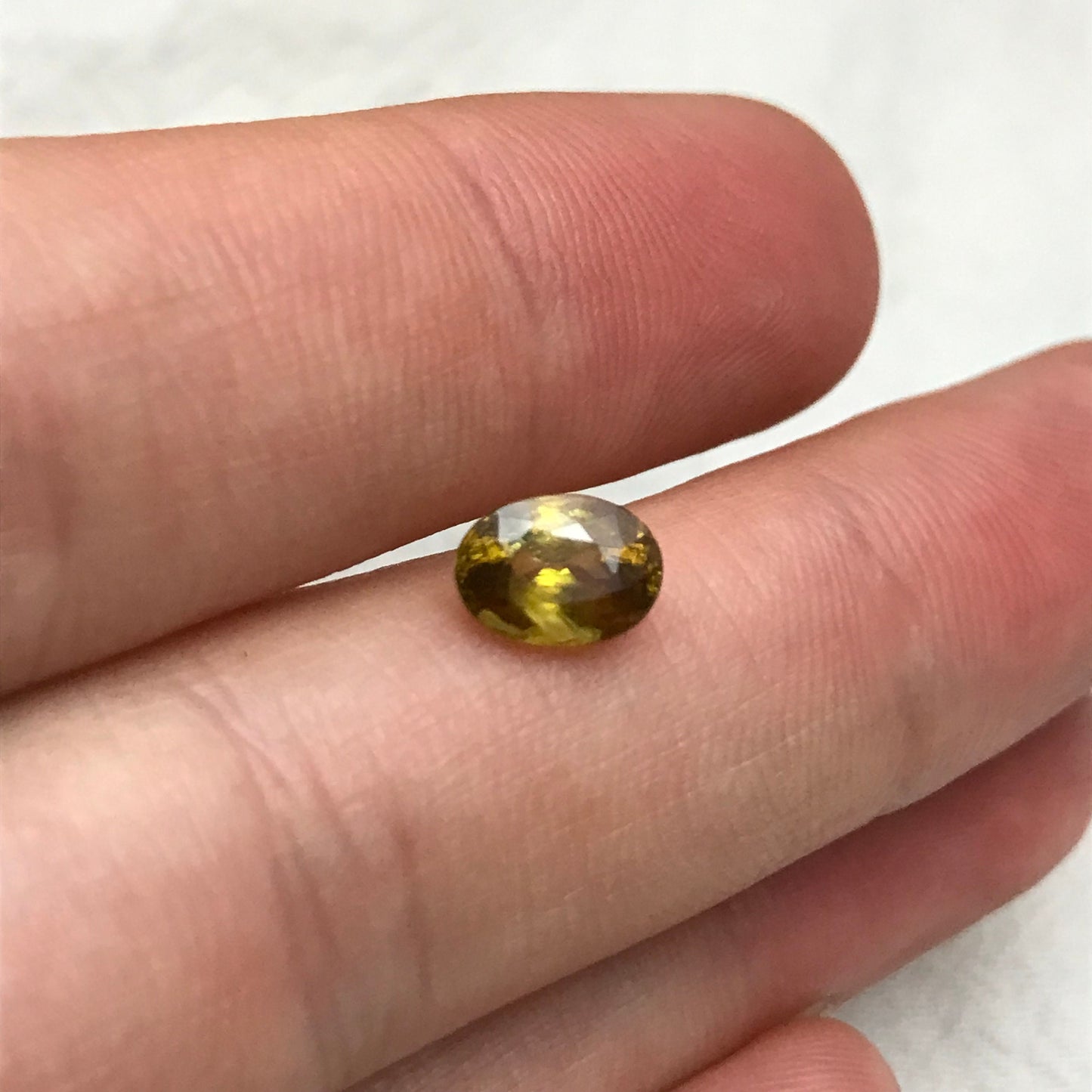 1.14 Ct Yellow Sphene, 7.3x5.3mm Oval Cut, Sphene with Rainbow Fire and Cool Inclusion, Natural Madagascar Sphene, Faceted Loose Titanite