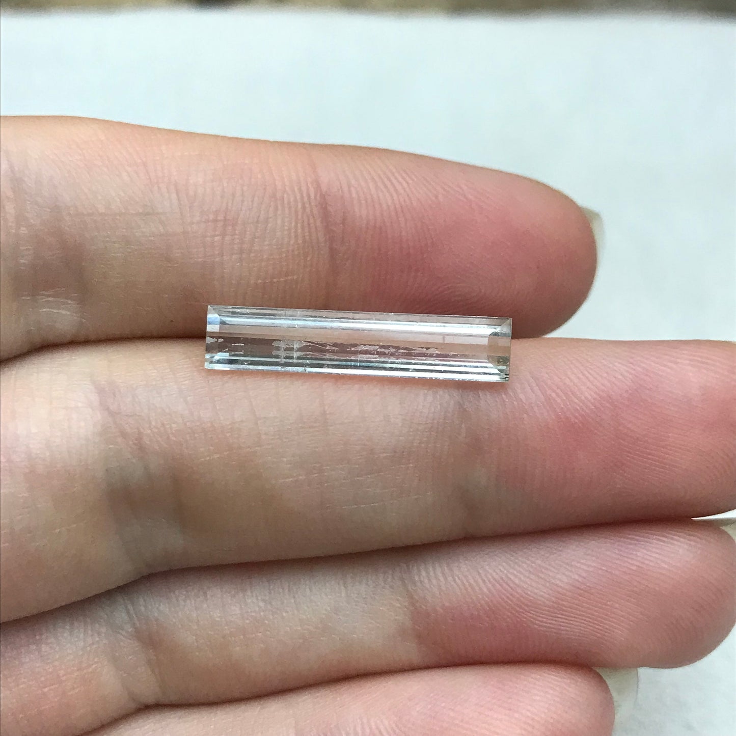Light Tourmaline 21.5x4.5mm Elongated Baguette Cut, 3.73 carats, Natural Faceted Gem, Loose Gemstone, Light Green/ Peachy Pink