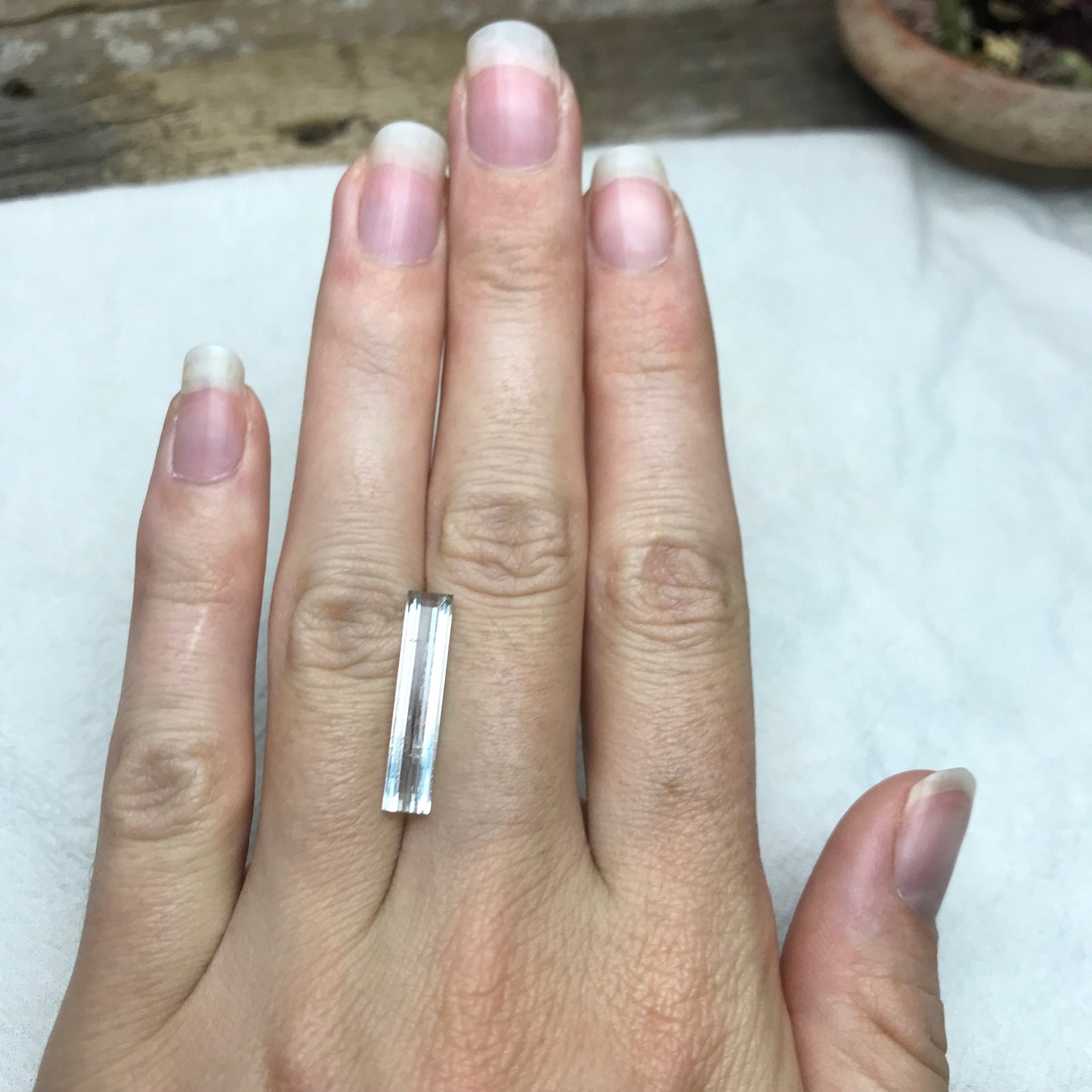 Light Tourmaline 21.5x4.5mm Elongated Baguette Cut, 3.73 carats, Natural Faceted Gem, Loose Gemstone, Light Green/ Peachy Pink