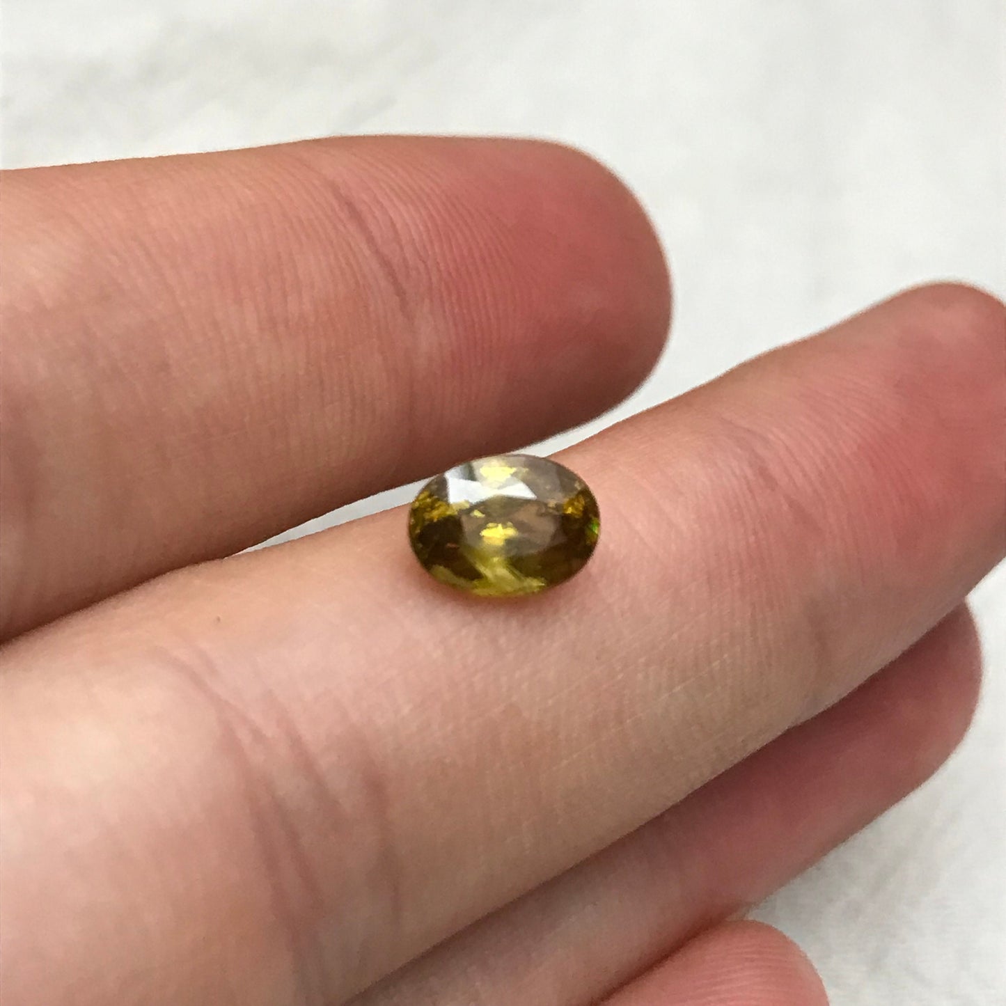 1.14 Ct Yellow Sphene, 7.3x5.3mm Oval Cut, Sphene with Rainbow Fire and Cool Inclusion, Natural Madagascar Sphene, Faceted Loose Titanite