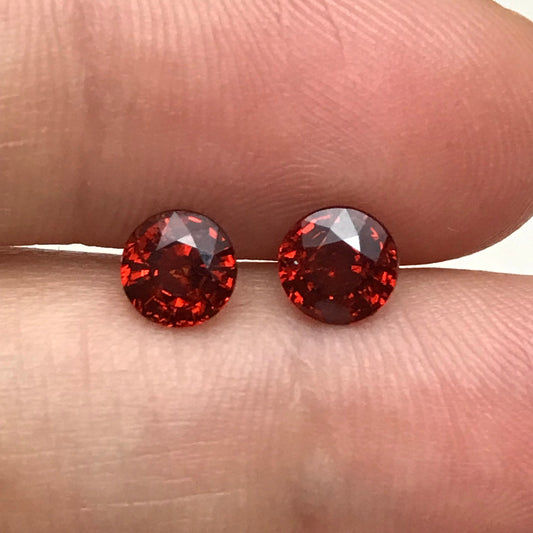Pair of 5.5mm Natural Mandarin Spessartite Garnet, 1 carat Round Faceted Orange Red Gemstones, 1.95 TCW, Loose Gems, Red Orange Garnet