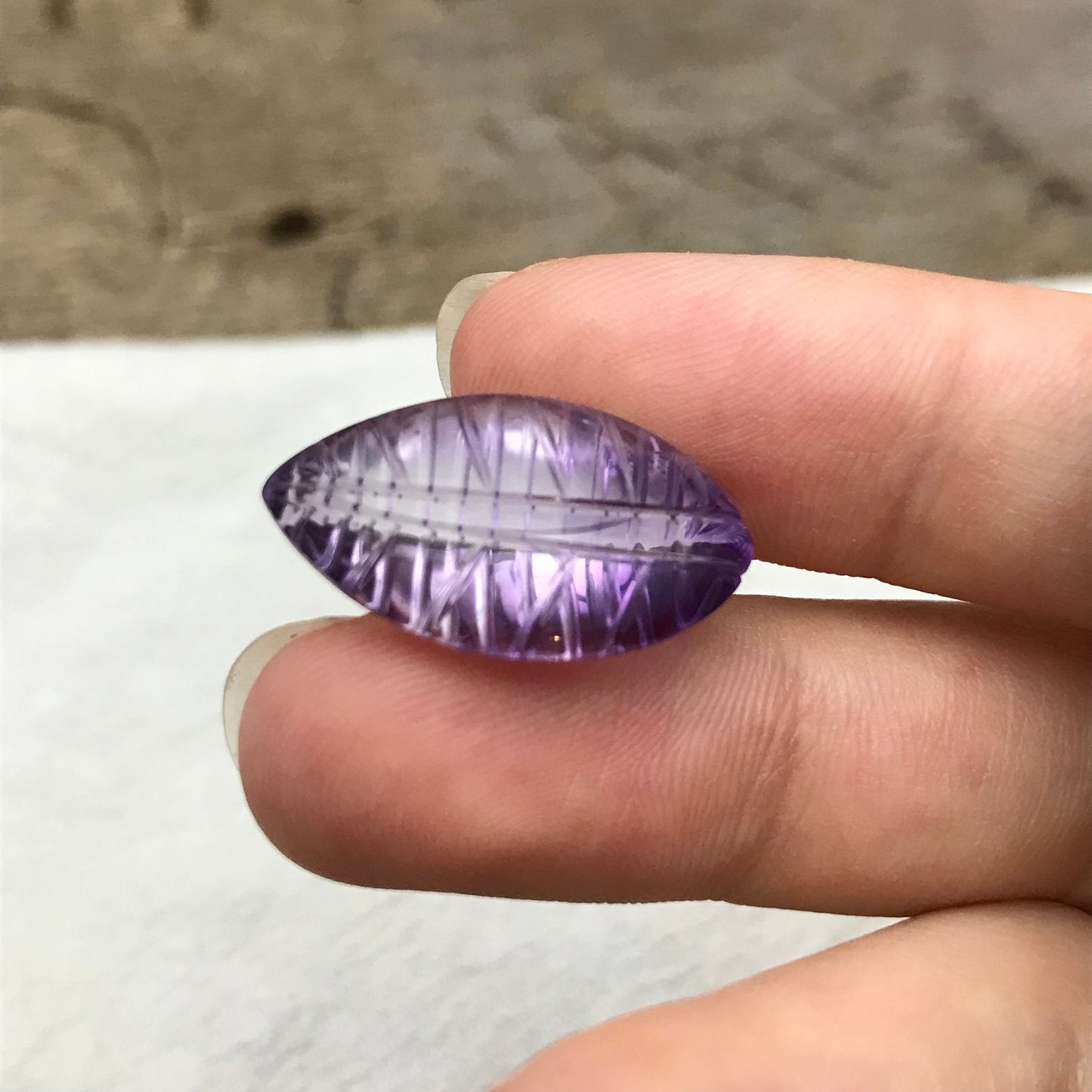 14.65 Ct Fancy Carved Purple Amethyst 23x12.7mm Carved Leaf Shape Cut, Loose Faceted Cabbed Gem, February Birthstone