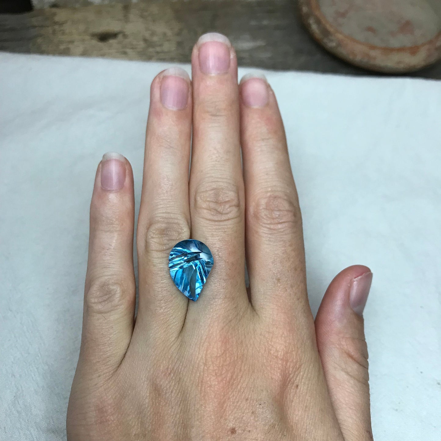 11 Ct Fancy Light Blue Topaz 18x13mm Carved Fantasy Pear Cut Gem, Loose Gemstone, Light Blue Topaz