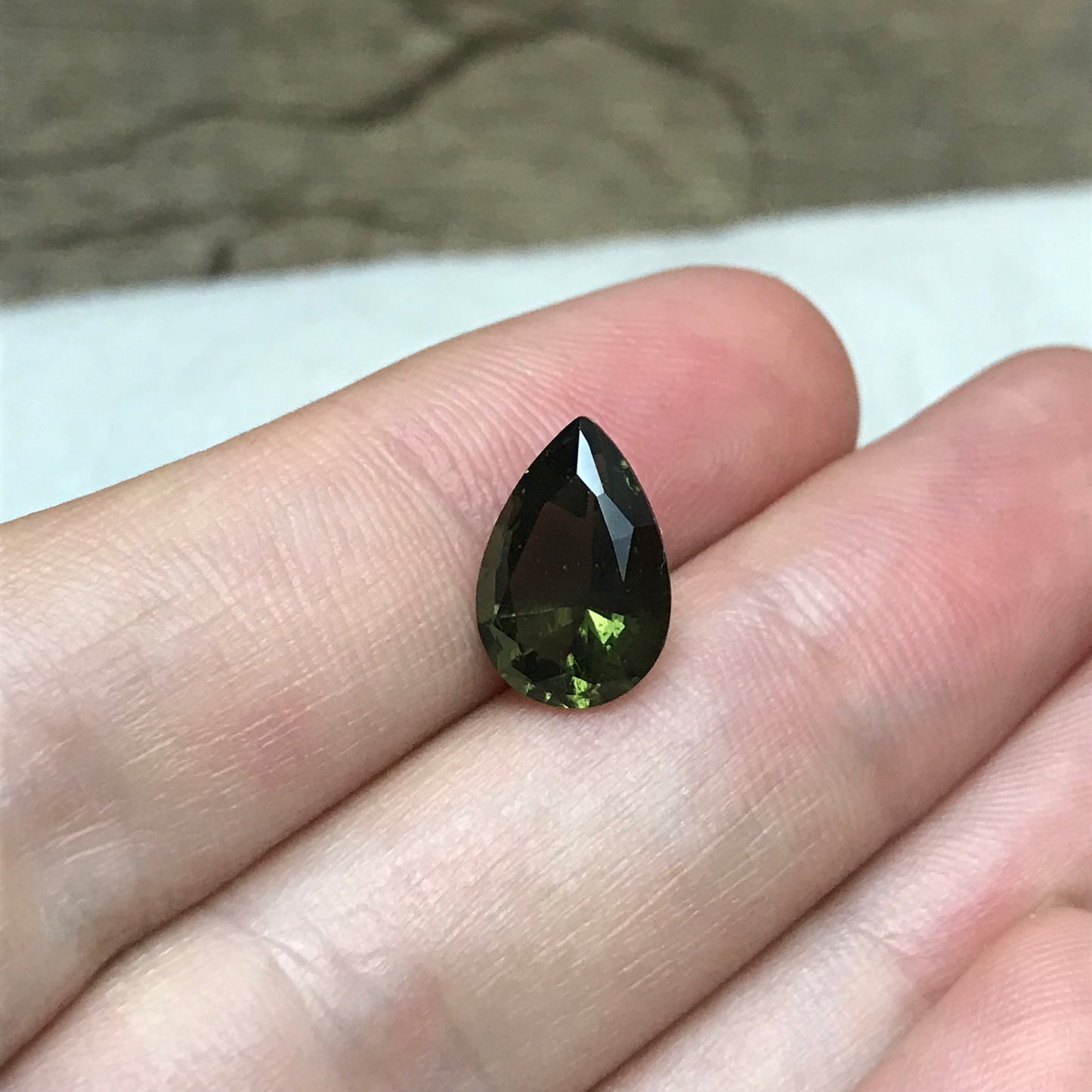 12x8mm Moldavite, 2.52 Carat Pear Cut, Faceted Green Gemstone, Tektite, Deep Green Moldavite
