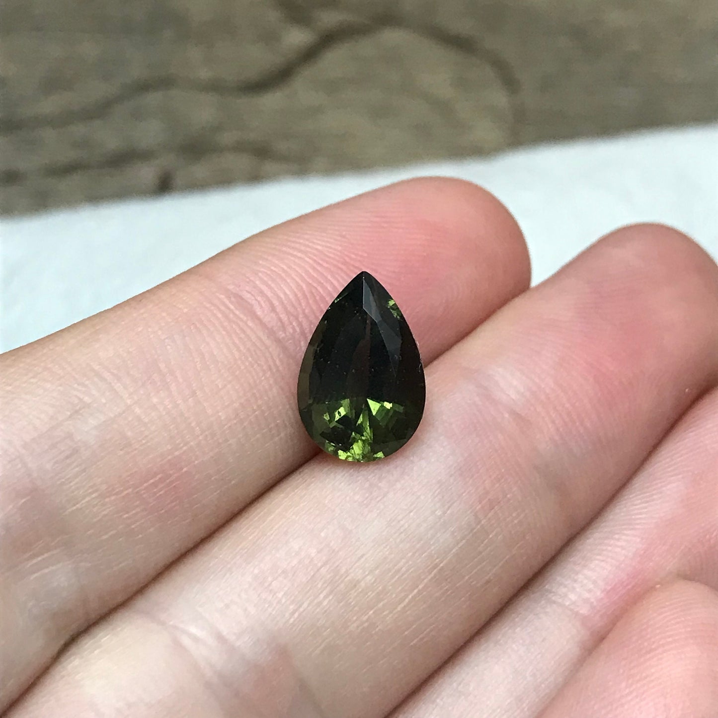 12x8mm Moldavite, 2.52 Carat Pear Cut, Faceted Green Gemstone, Tektite, Deep Green Moldavite