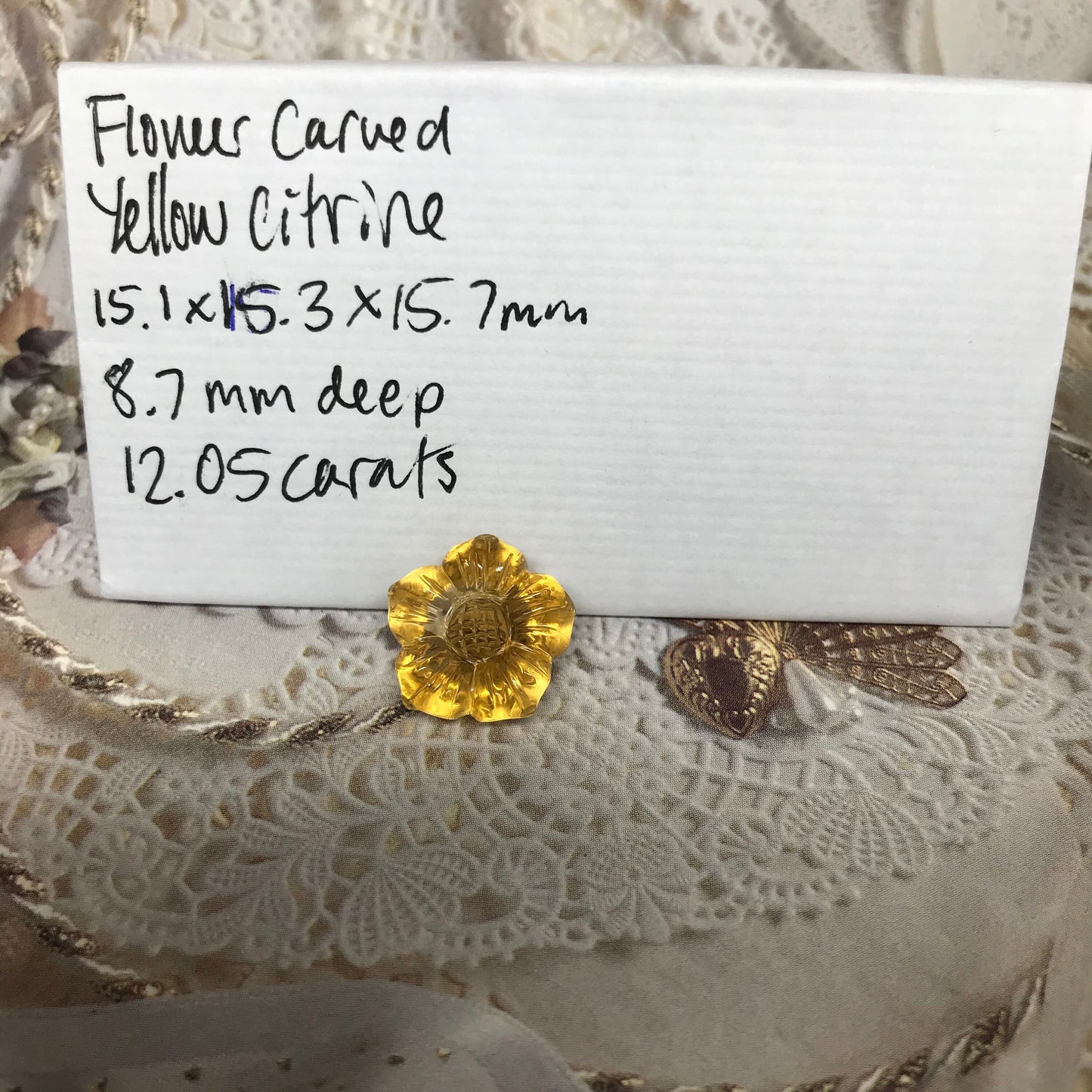 Natural Orange Yellow Citrine, 15 mm Flower Carved Quartz, 12.05 carat Loose Gem Unmounted Gemstone