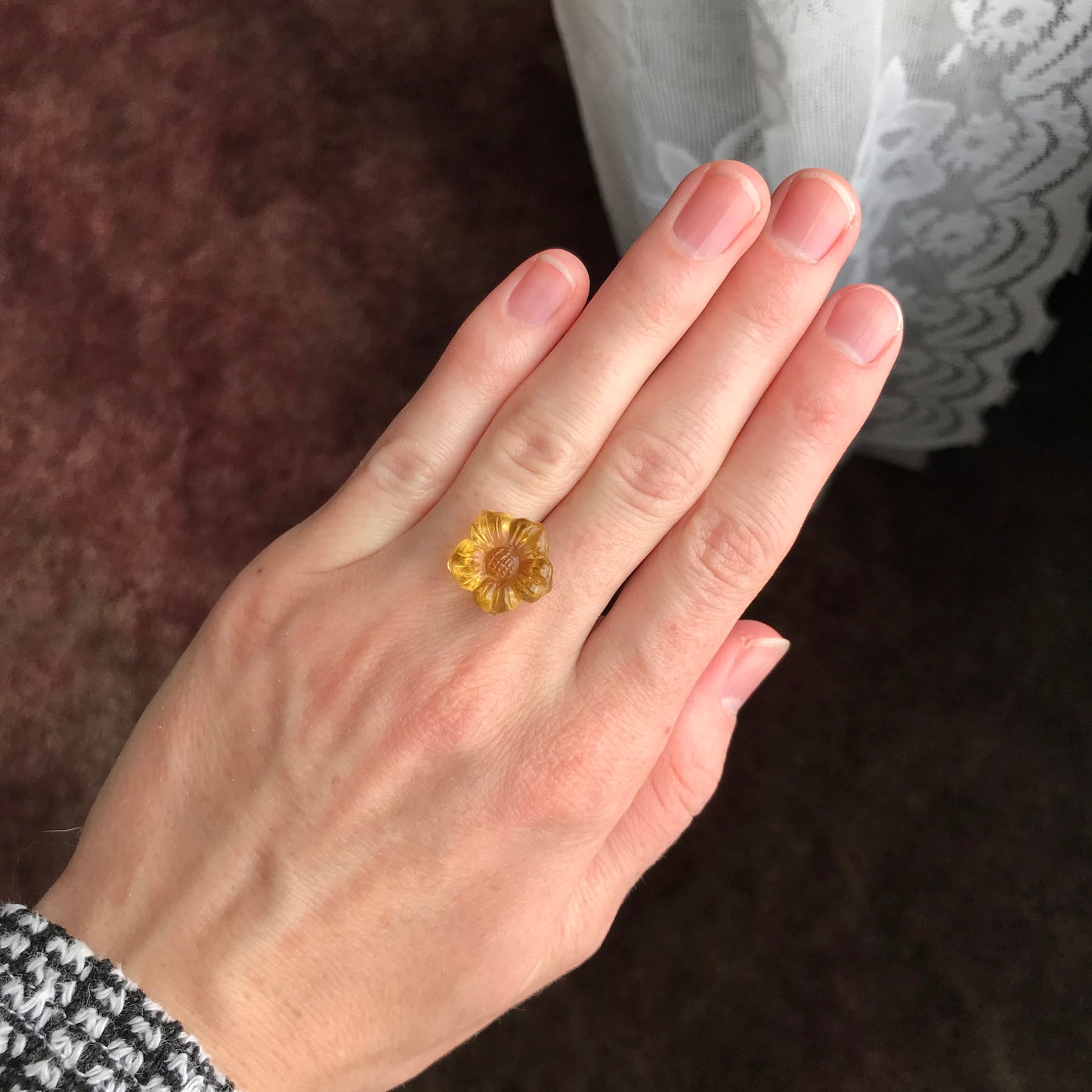 Natural Orange Yellow Citrine, 15 mm Flower Carved Quartz, 12.05 carat Loose Gem Unmounted Gemstone