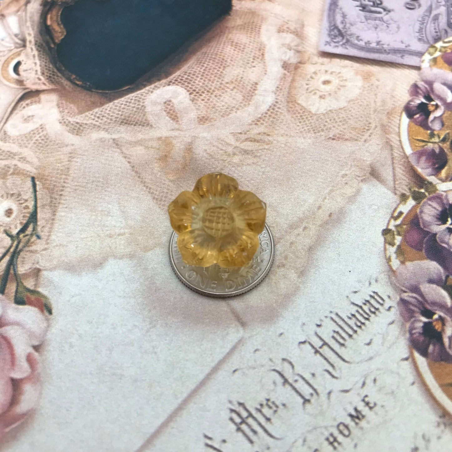 Natural Orange Yellow Citrine, 15 mm Flower Carved Quartz, 12.05 carat Loose Gem Unmounted Gemstone