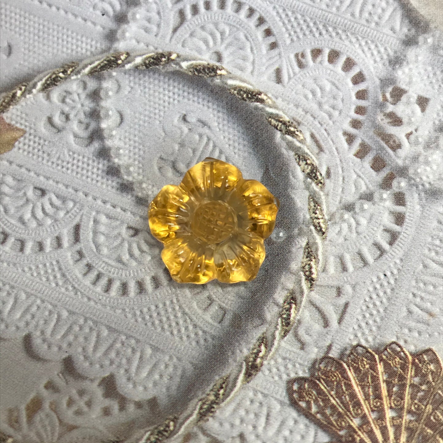 Natural Orange Yellow Citrine, 15 mm Flower Carved Quartz, 12.05 carat Loose Gem Unmounted Gemstone