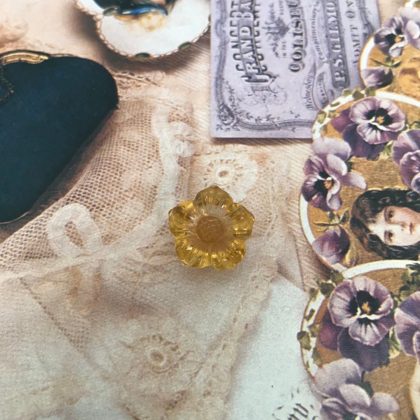 Natural Orange Yellow Citrine, 15 mm Flower Carved Quartz, 12.05 carat Loose Gem Unmounted Gemstone