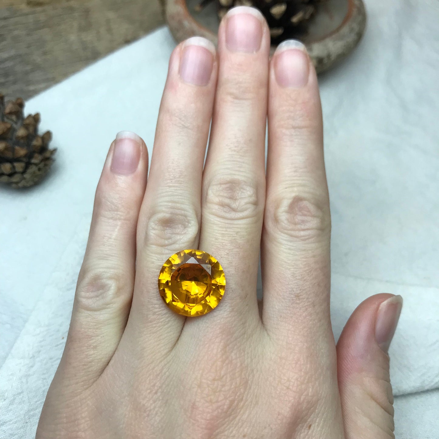 16mm Orangey Yellow Synthetic Sapphire 16.56 carat Round Cut, Faceted Loose Gemstone For Jewelry Setting, Lab Created Gem