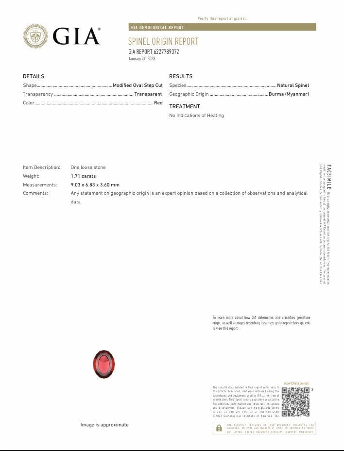 GIA Certified Burma Red Spinel 9x6.8mm 1.71 carat Oval Round Faceted Loose Gem, Step Cut Natural Spinel