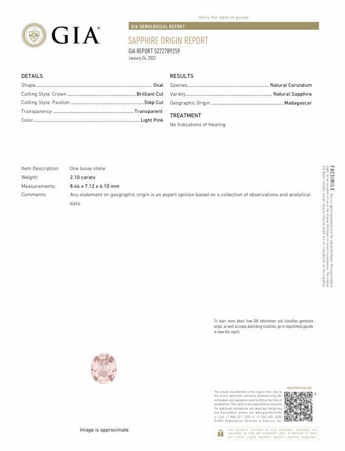 GIA Certified Natural 2 ct Pink Sapphire 8.4x7mm Oval Cut Faceted Loose Light Pink Unheated Sapphire