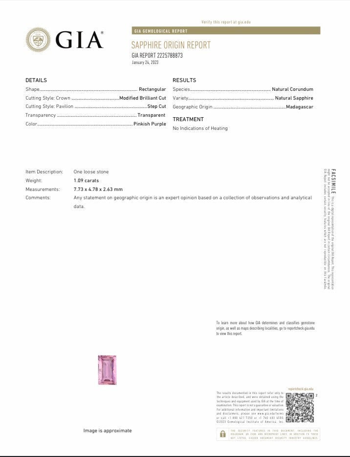 GIA Certified 1 Ct. Natural Purple Sapphire 7.7x4.8mm Rectangle Pinkish Purple Sapphire Loose Faceted