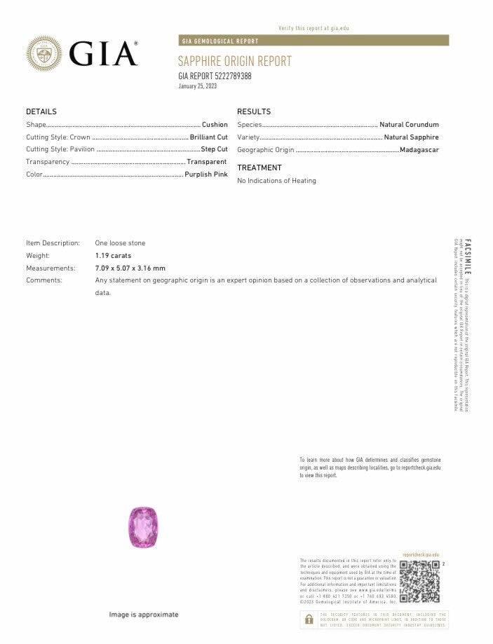 1.19 Ct. GIA Certified Pink Sapphire 7x5mm Cushion Cut, Madagascar Unheated Sapphire