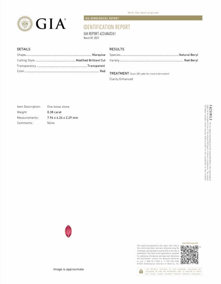 GIA Certified Red Beryl 0.38 Ct, 7.9x4.2mm Marquise Cut, Natural Wah Wah Utah Red Beryl, Faceted Bixbite, 8x4mm Marquise