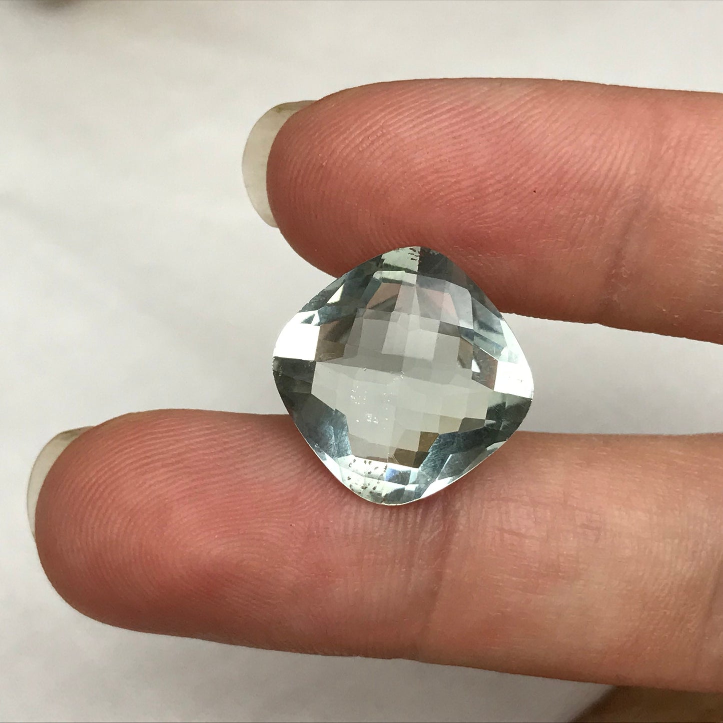 11.26 Carat Prasiolite 15.1mm Square Cushion Cut, Faceted Loose Light Green Quartz