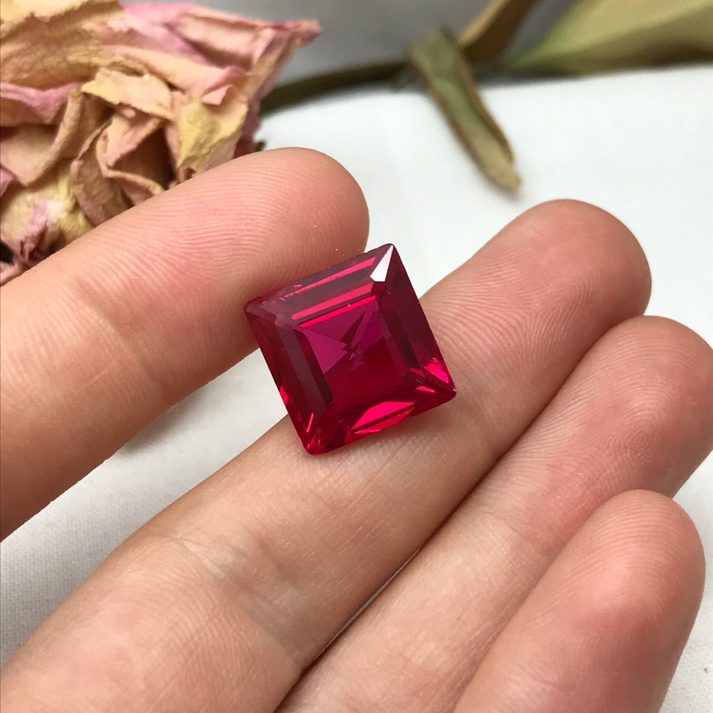 14 Carat Square Cut Lab Created Ruby, 14x13.5mm Loose Faceted Recycled Gemstone