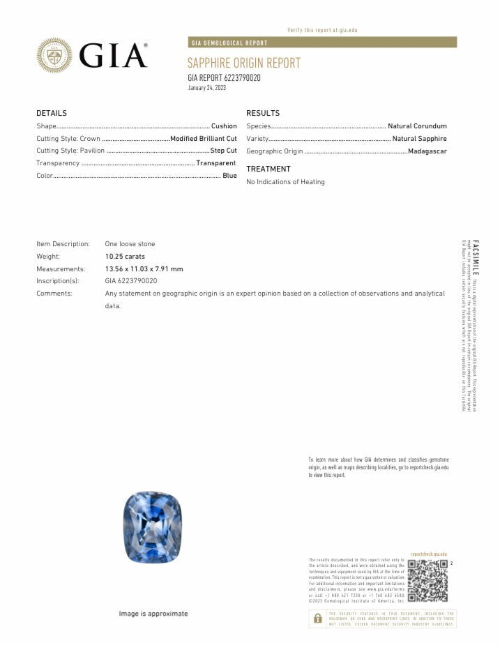 GIA Certified 10.25 Carat Unheated Blue Sapphire 13.56x11.03mm Cushion Cut, Faceted Loose Natural Blue Madagascar Sapphire