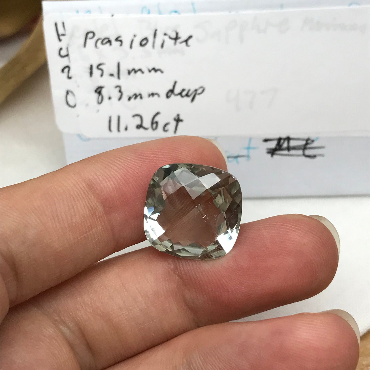 11.26 Carat Prasiolite 15.1mm Square Cushion Cut, Faceted Loose Light Green Quartz