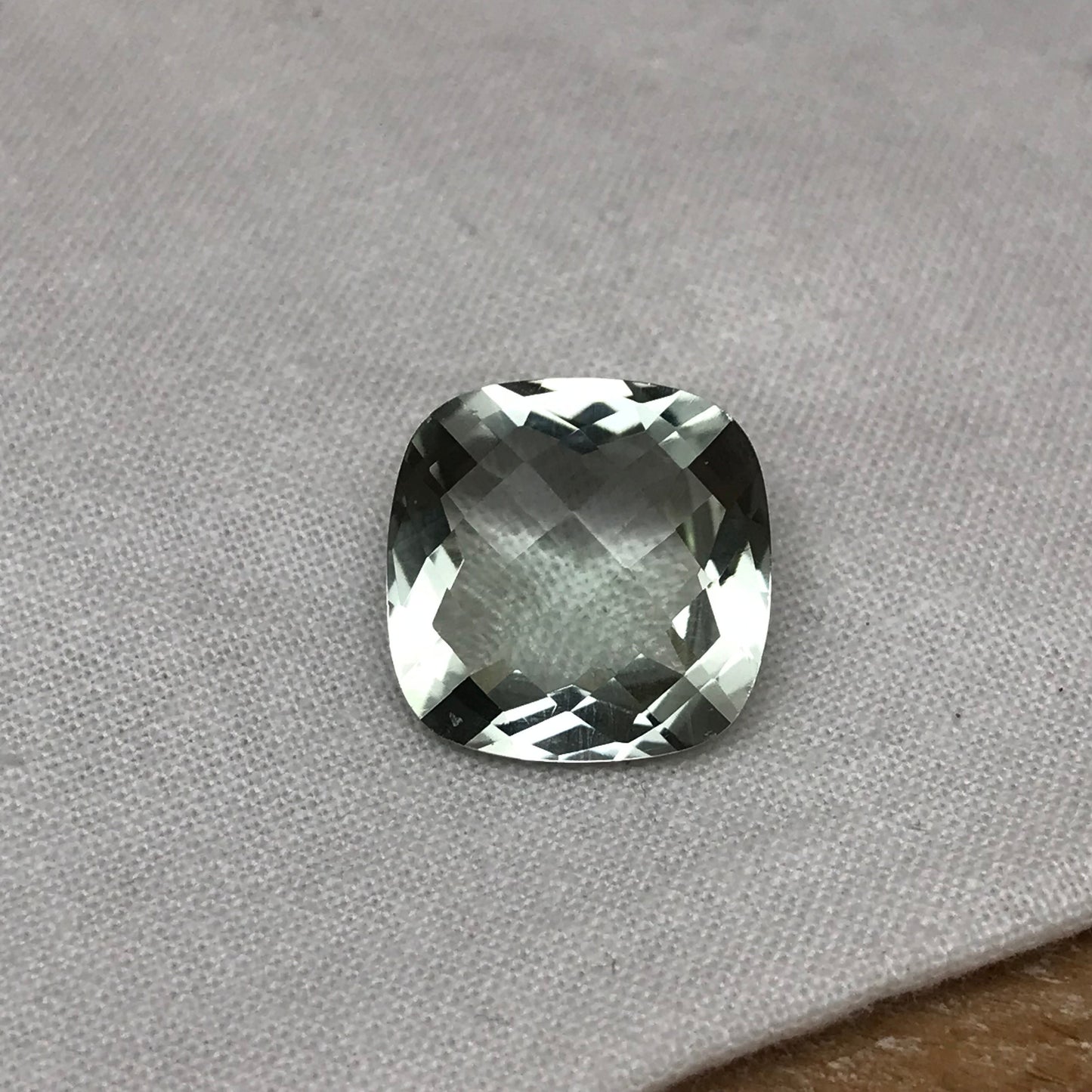 11.26 Carat Prasiolite 15.1mm Square Cushion Cut, Faceted Loose Light Green Quartz