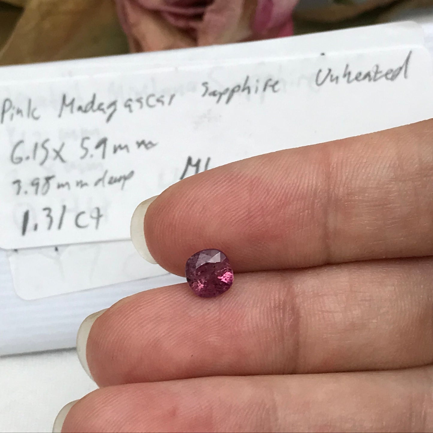 1.31 carat Unheated Pinkish Purple Sapphire 6.15x5.9mm Cushion Cut, Faceted Loose Natural Madagascar Sapphire