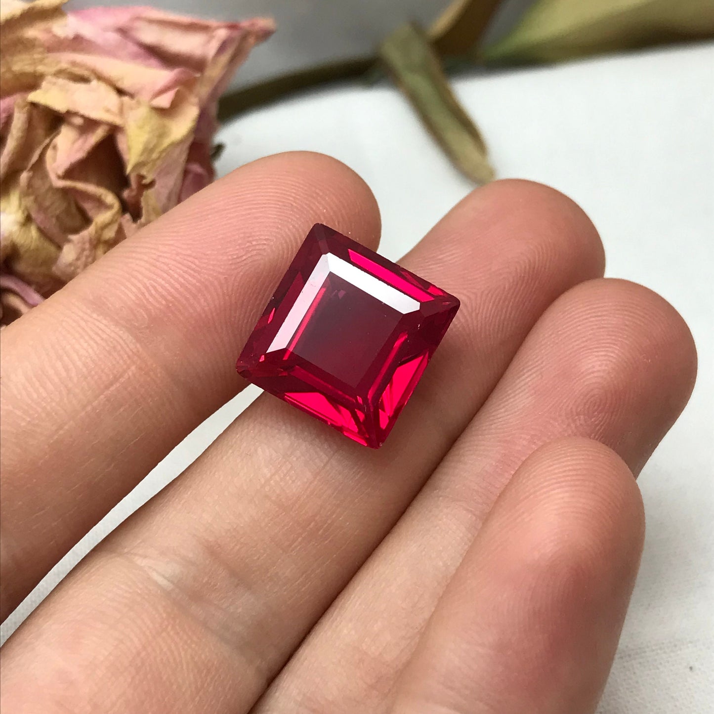 14 Carat Square Cut Lab Created Ruby, 14x13.5mm Loose Faceted Recycled Gemstone