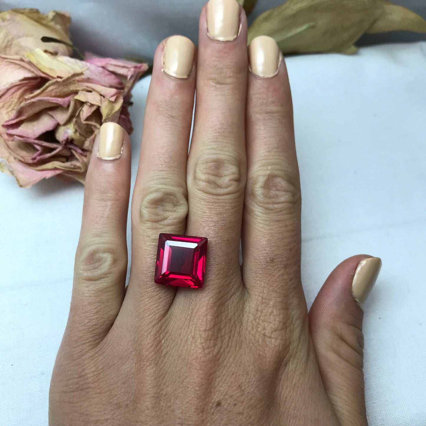 14 Carat Square Cut Lab Created Ruby, 14x13.5mm Loose Faceted Recycled Gemstone