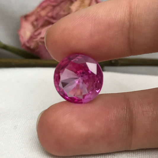 11 Carat Pink Lab Created Sapphire 13.7mm Round Cut, Loose Faceted Gemstone