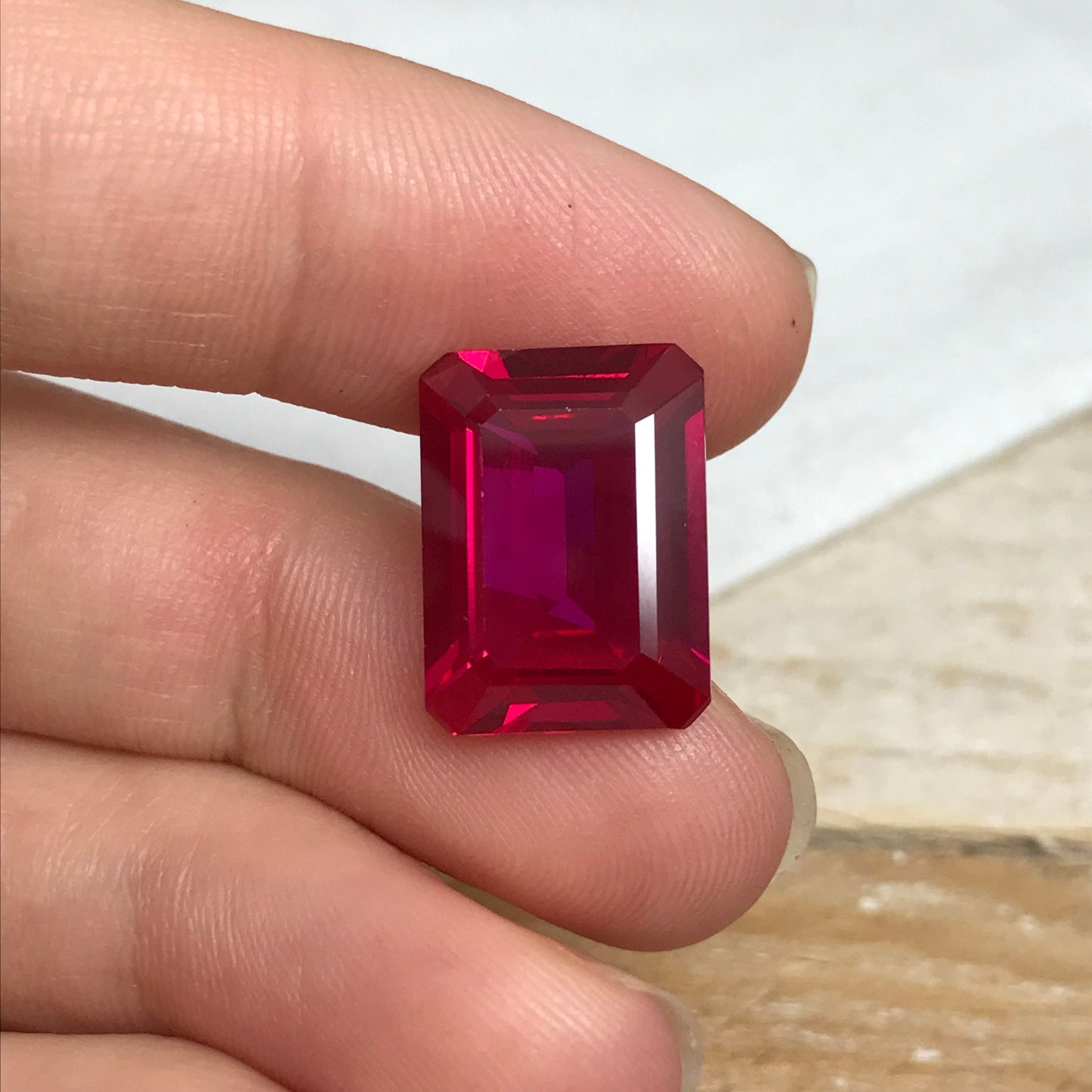 16x12mm Lab Created Ruby Emerald Cut, 13.89 carat Lab Created Faceted Loose Red Synthetic Corundum, Large Gem