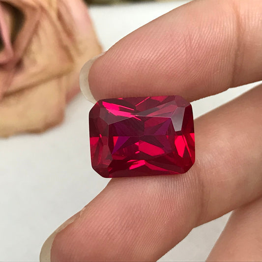 14 Carat Lab Ruby 16x12mm Rectangle Cut, Lab Created Faceted Loose Red Ruby
