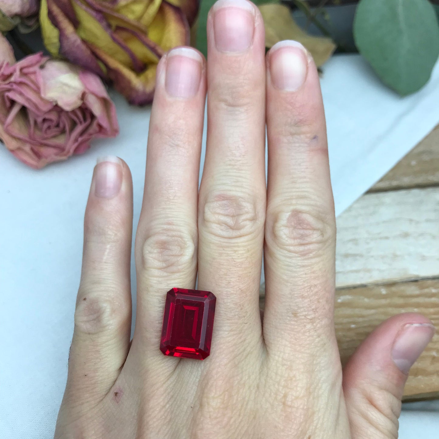 16x12mm Lab Created Ruby Emerald Cut, 15 carat Recycled Large Synthetic Gem