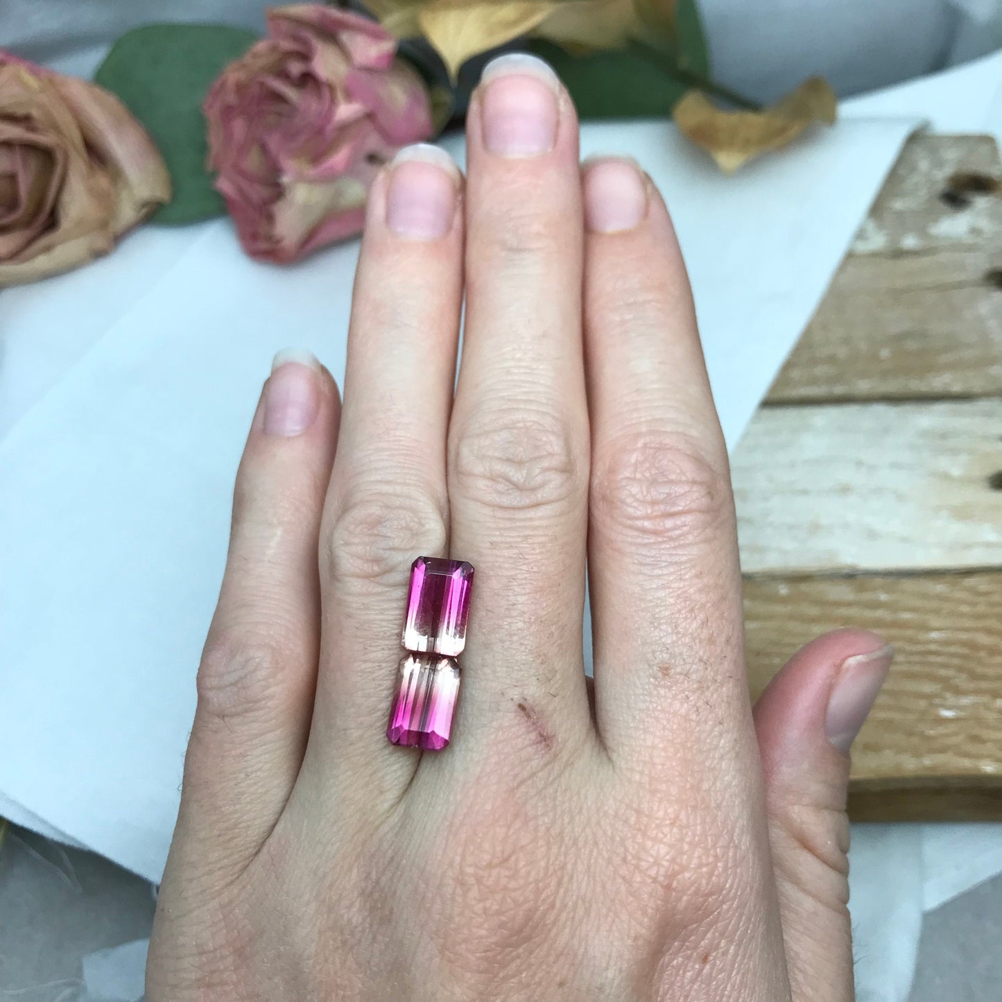 Pair of Natural Bi-Color Pink Tourmaline 6.76TCW Emerald cut Pink and Yellow Tourmaline Approx. 10.6x7.4mm