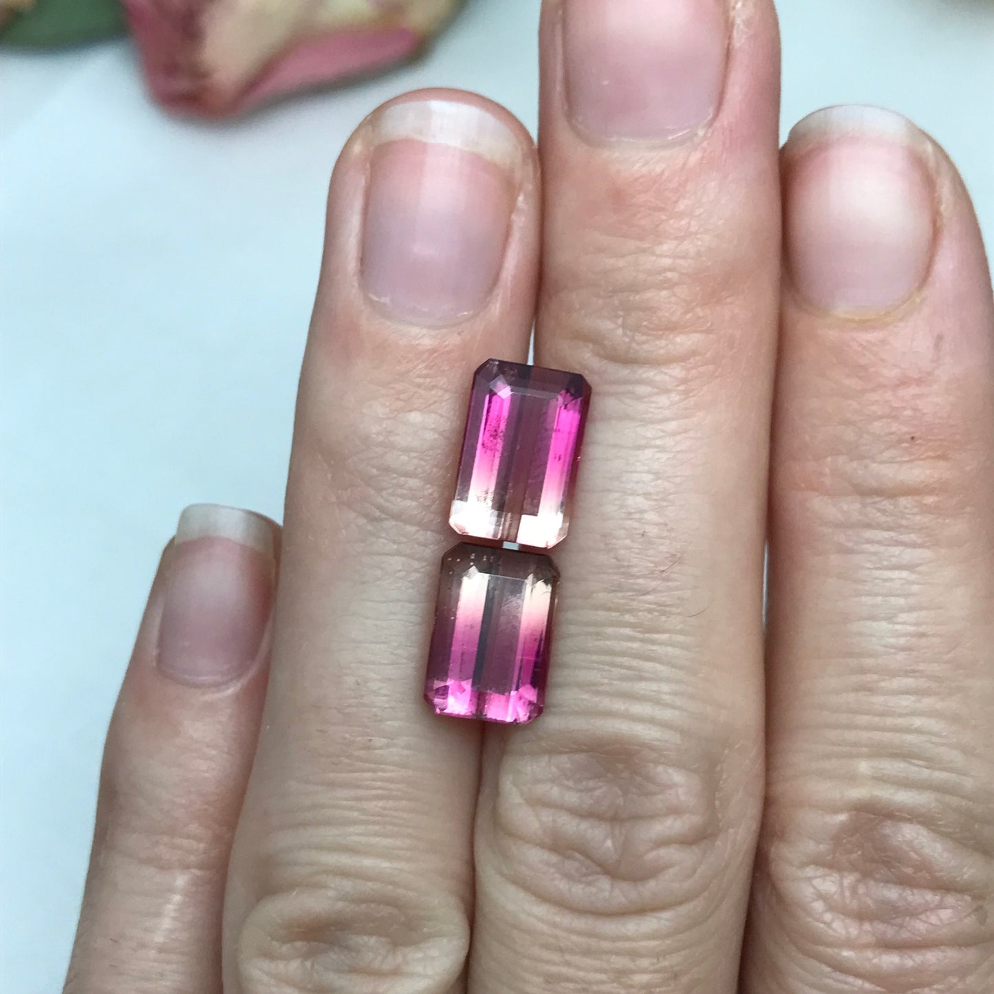 Pair of Natural Bi-Color Pink Tourmaline 6.76TCW Emerald cut Pink and Yellow Tourmaline Approx. 10.6x7.4mm