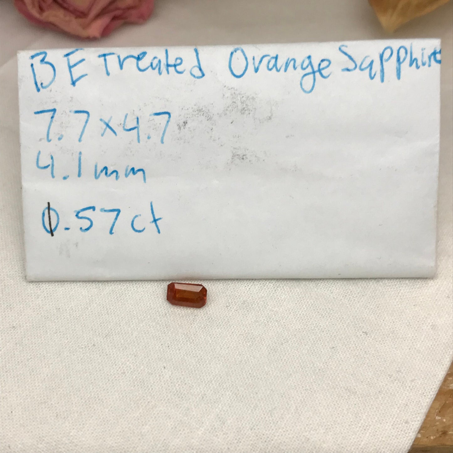 1.57 ct Natural Orange Sapphire 7.7x4.7mm Emerald Cut Loose Faceted Gem, Reddish Orange Beryllium Treated Sapphire